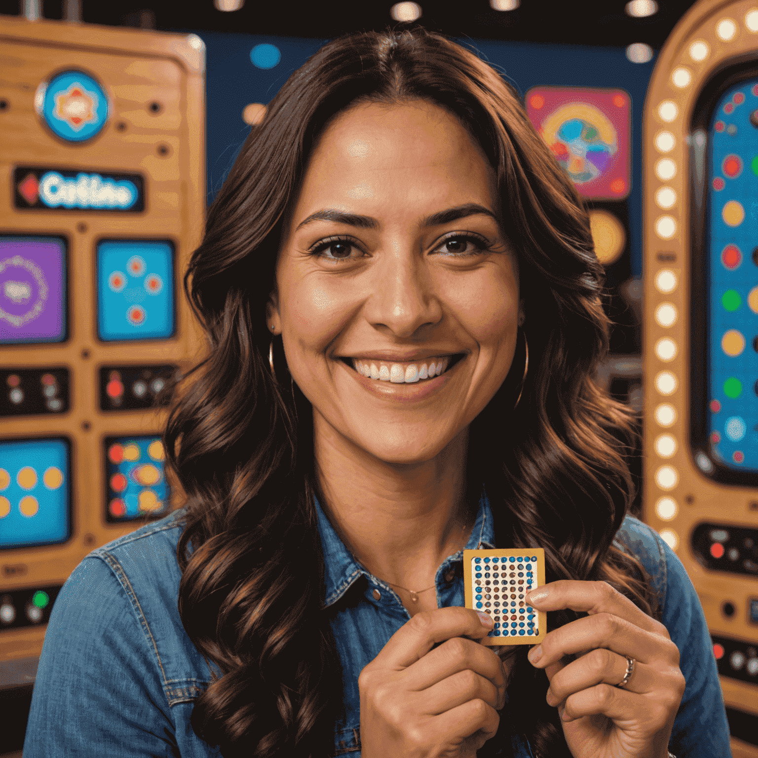 Maria Rodriguez, Plinko expert and blog founder, smiling while holding a Plinko chip