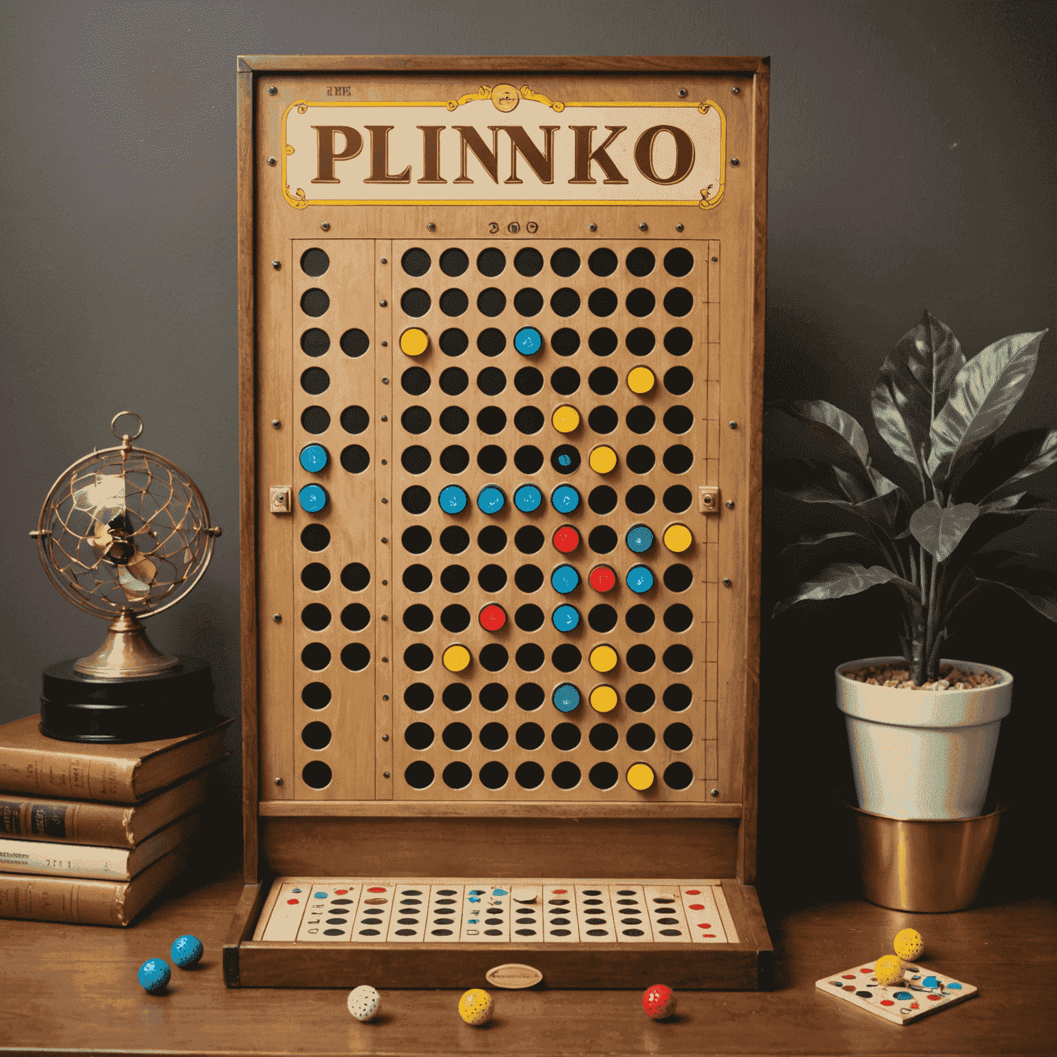 Vintage Plinko game board with players gathered around, evoking a sense of nostalgia and fun from the 1950s era