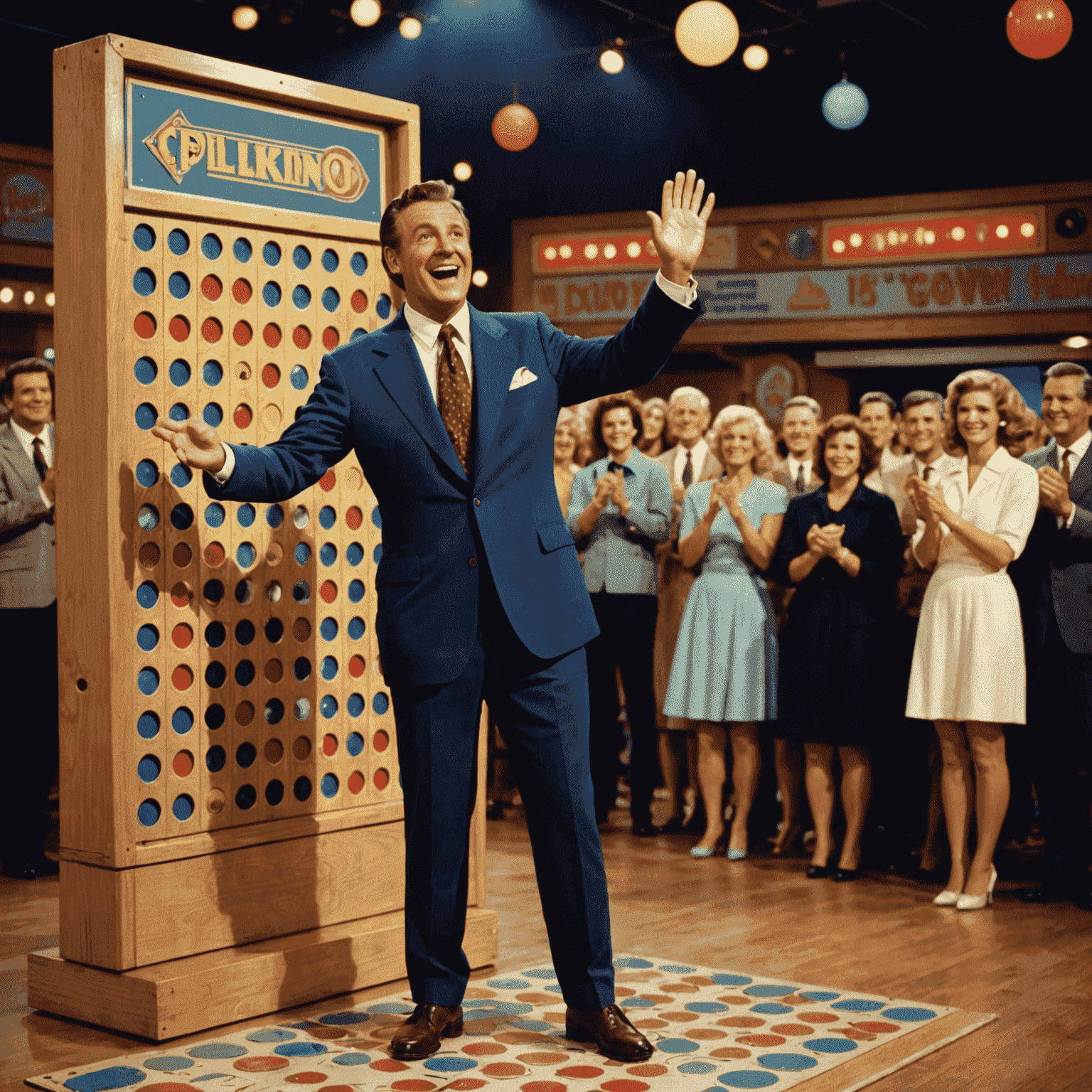 Vintage game show host standing next to a large Plinko board with contestants cheering in the background