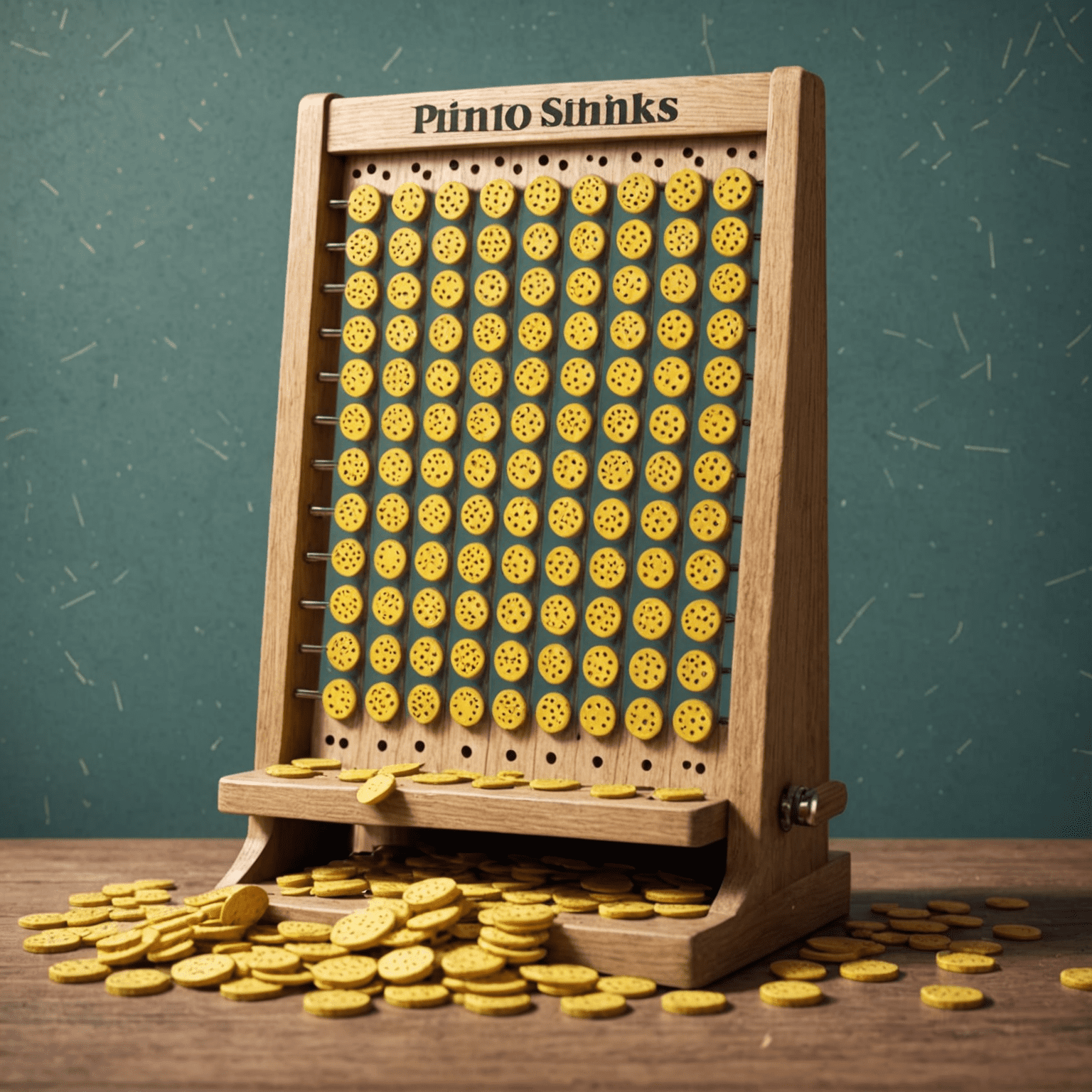 A vintage-style illustration of a Plinko board with chips falling through pegs, showcasing different paths and outcomes