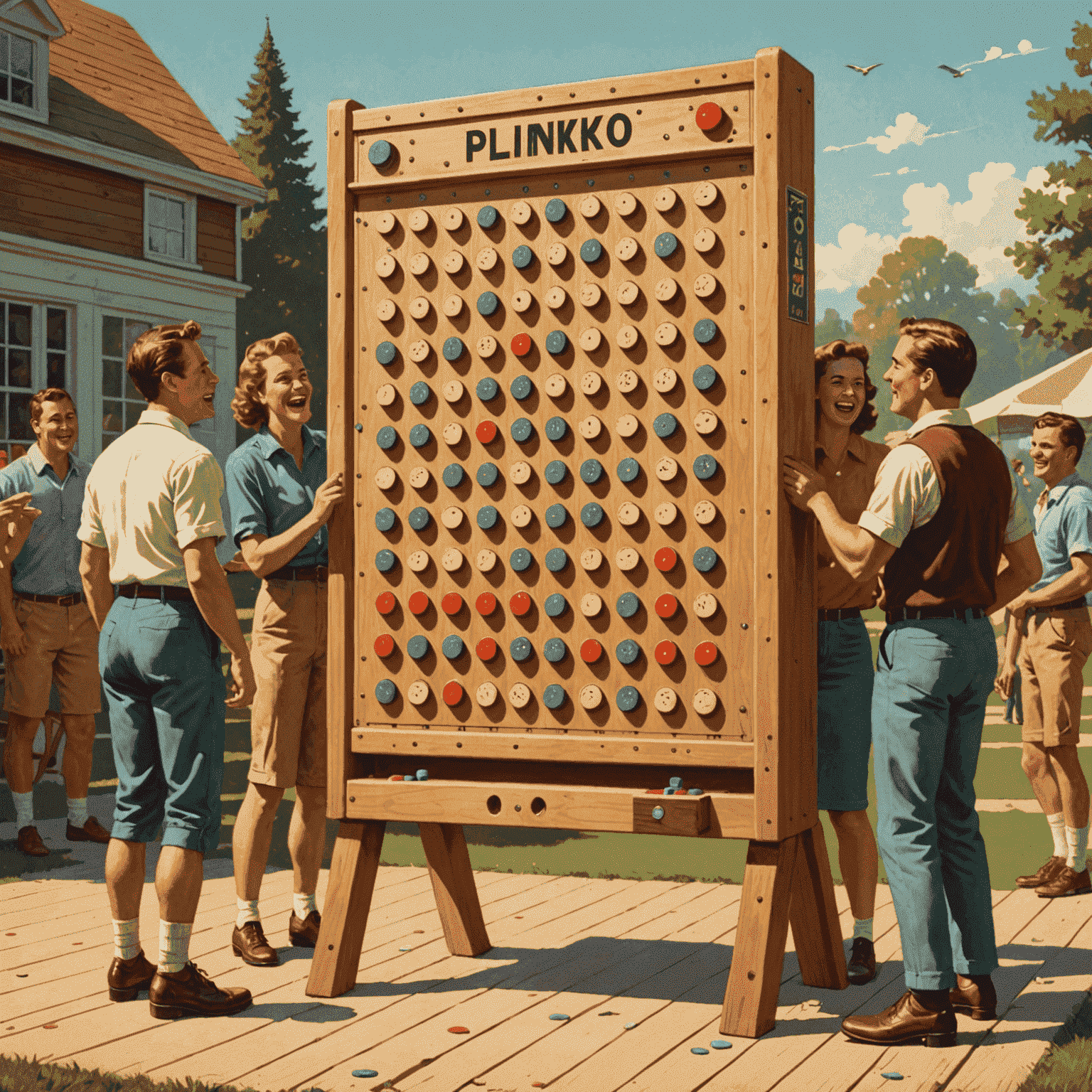 A vintage-style illustration of a Plinko board with excited players around it, showcasing the game's timeless appeal