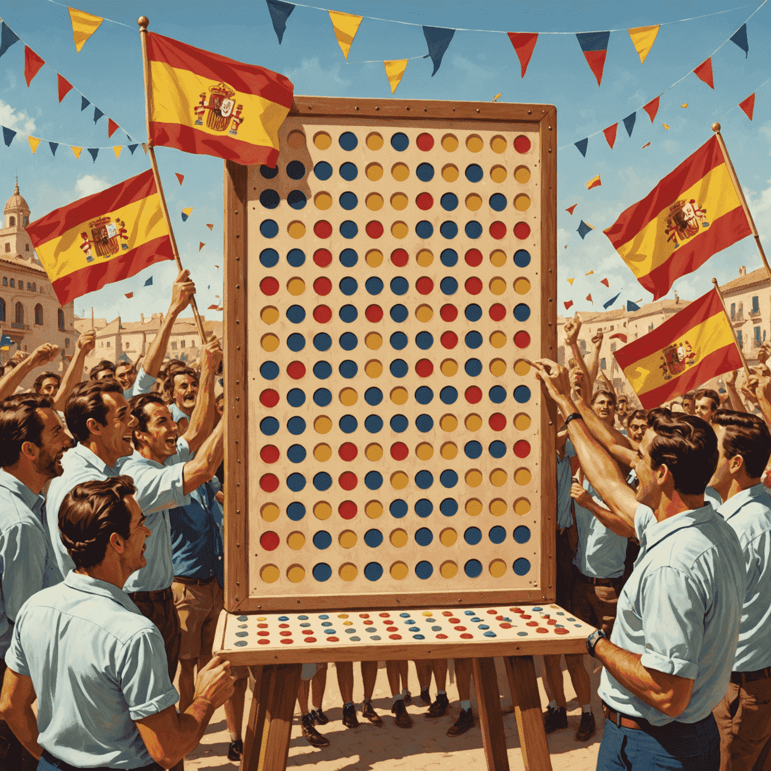 A vintage-style illustration of a large Plinko board with Spanish flags and excited players around it, capturing the growing popularity of the game in Spain