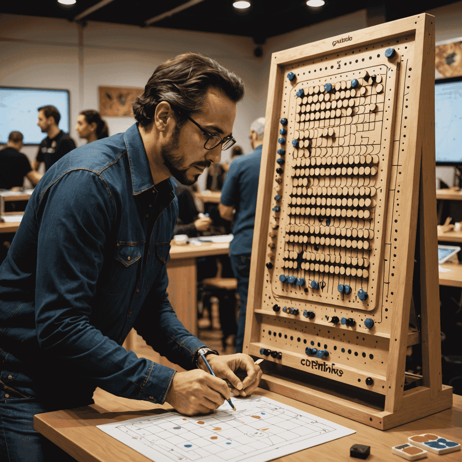 Carlos Fernandez, game designer, sketching a new Plinko board layout