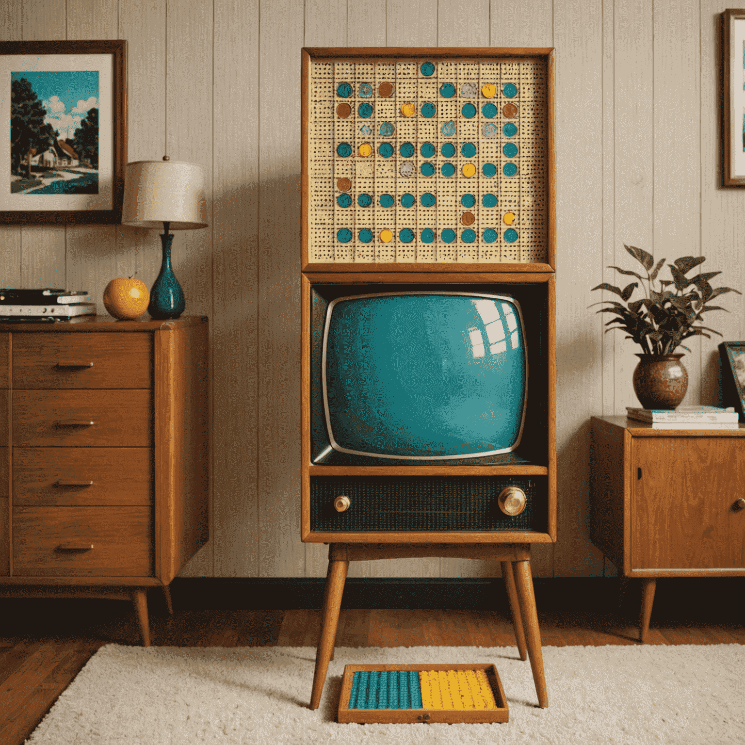 A vintage TV set showing a Plinko game board, with a 1960s-style living room in the background