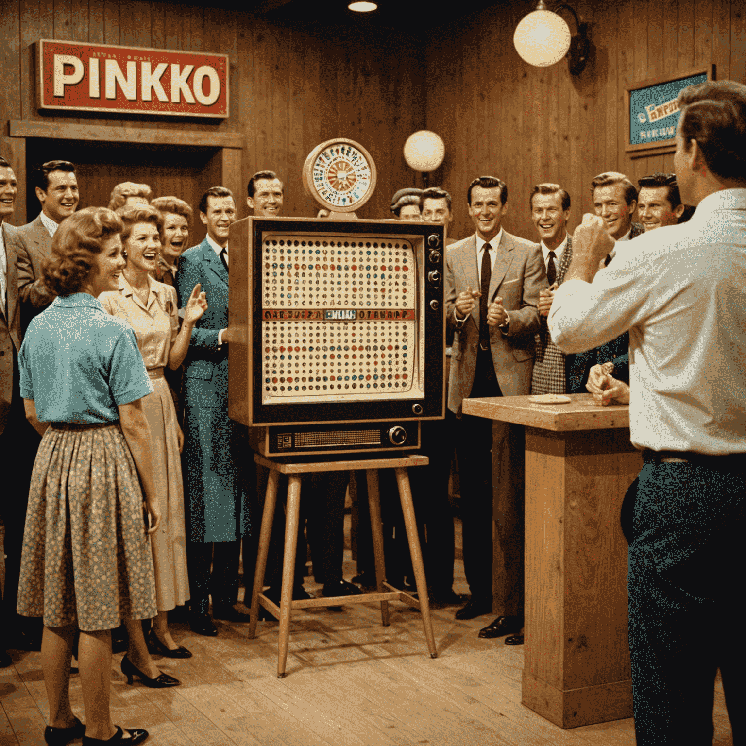 A vintage TV set showing a Plinko game board with contestants cheering in the background