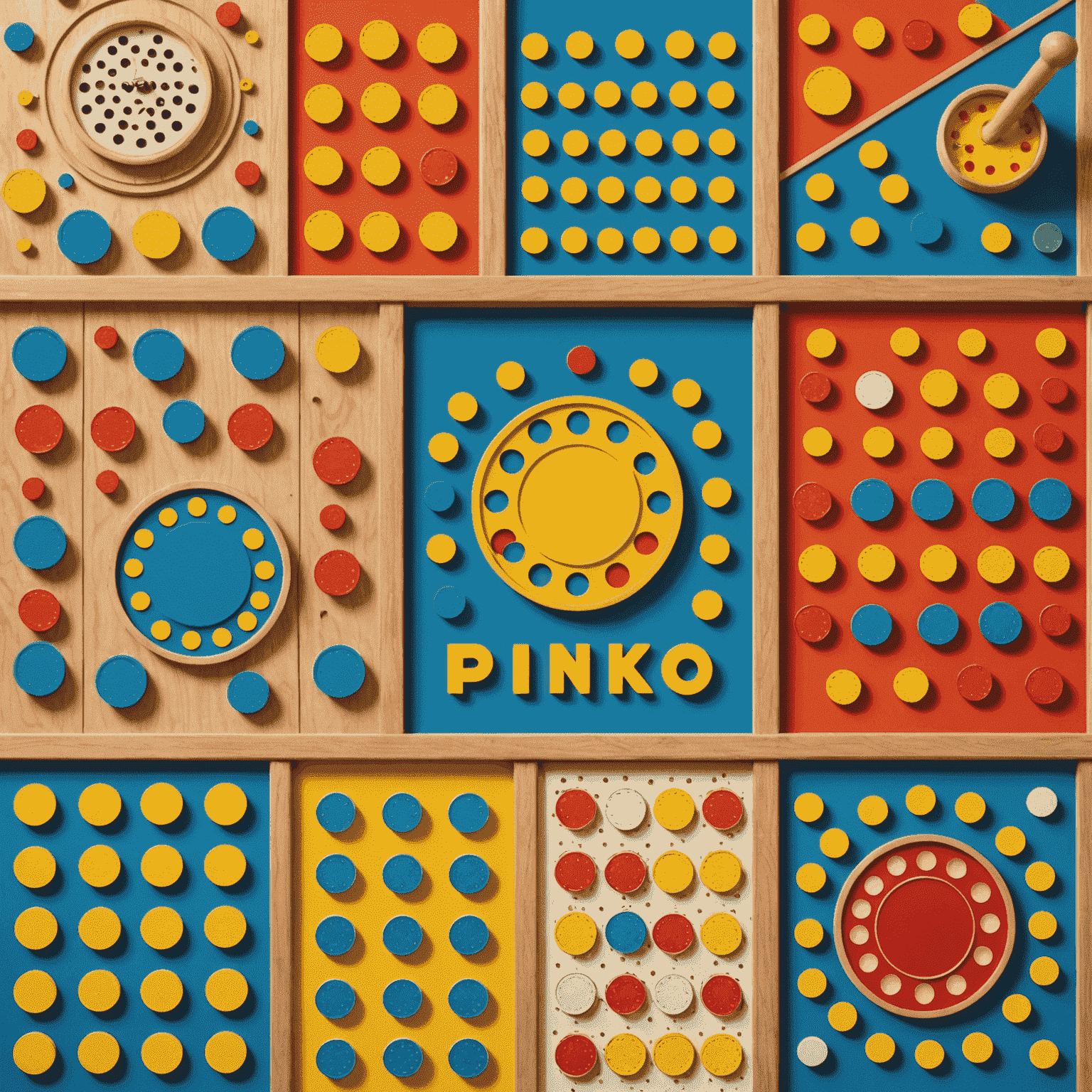 A retro-style collage showing various Plinko chips, pegs, and happy players celebrating their wins