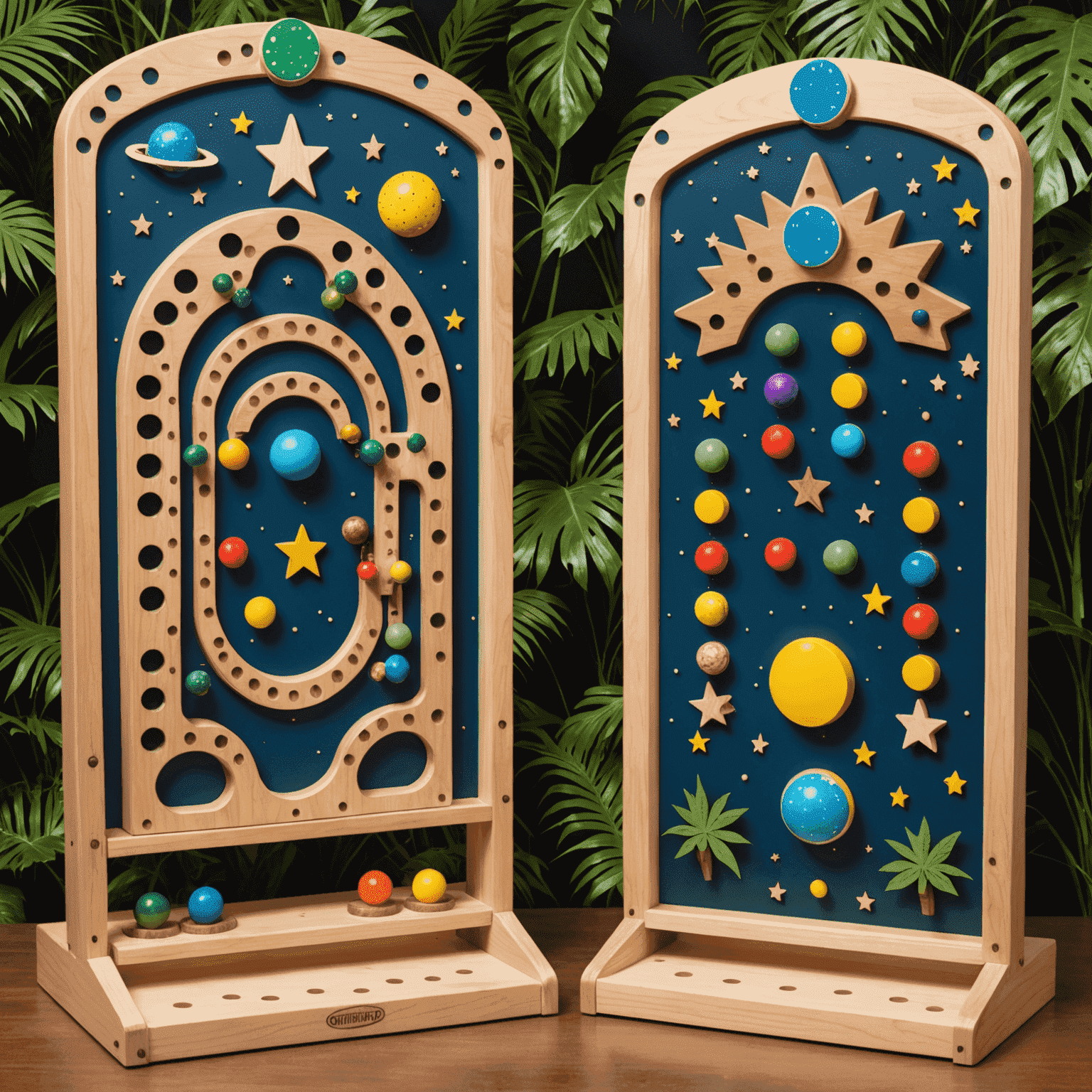 A split image showing two themed Plinko boards: one space-themed with star and planet obstacles, and one jungle-themed with leaf-shaped pegs