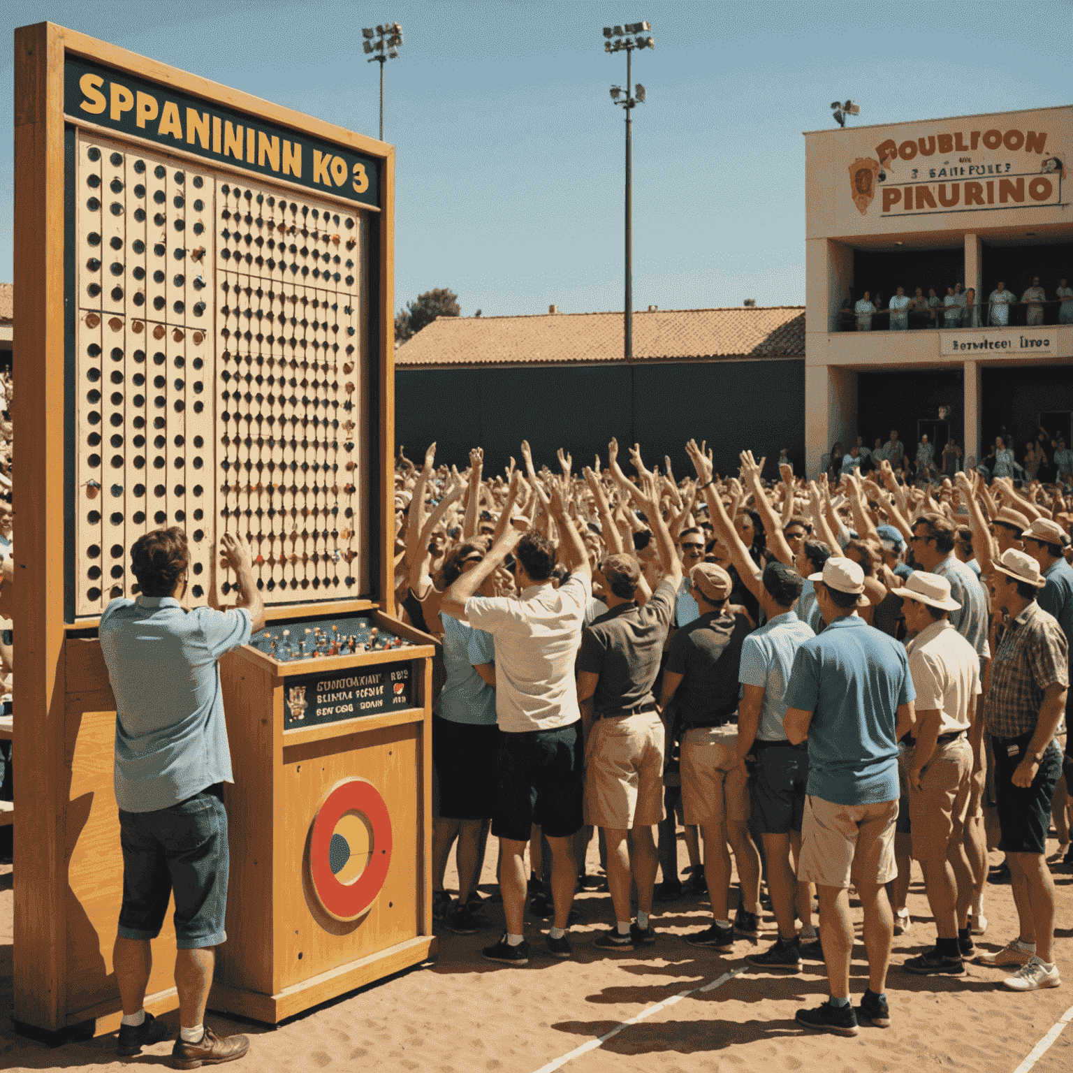 A retro-styled image of a lively Spanish Plinko tournament with players cheering and a large scoreboard in the background