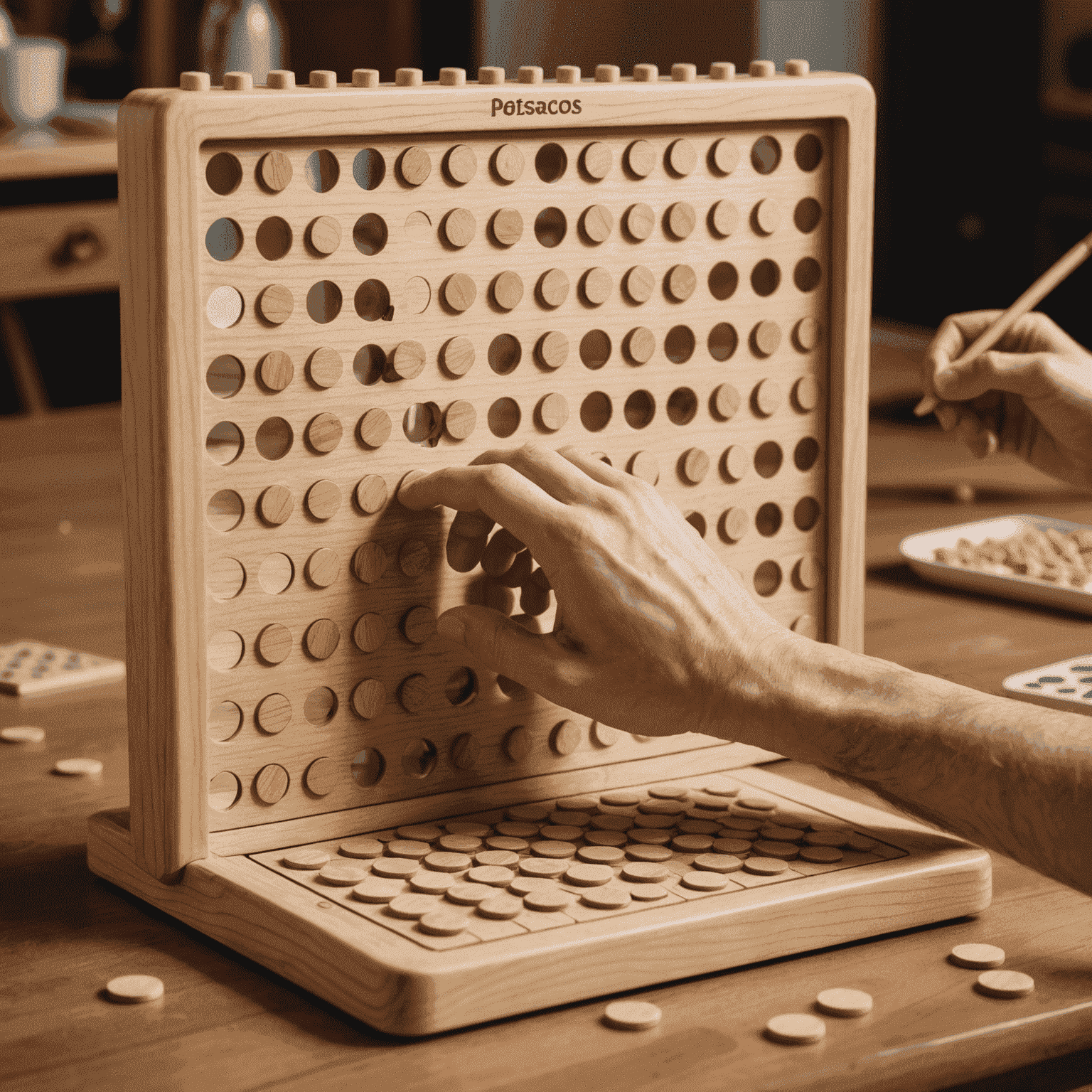 A Puzzle Plinko board with movable pegs, showing a player's hand arranging the obstacles before dropping a chip