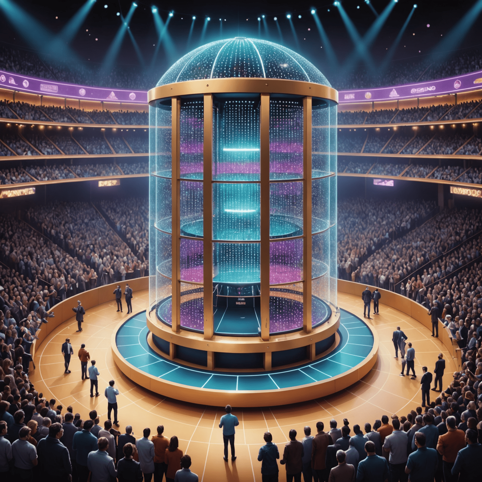 A futuristic yet retro-styled concept art of a large-scale Plinko championship arena in Spain, with holographic displays and a crowd of excited spectators