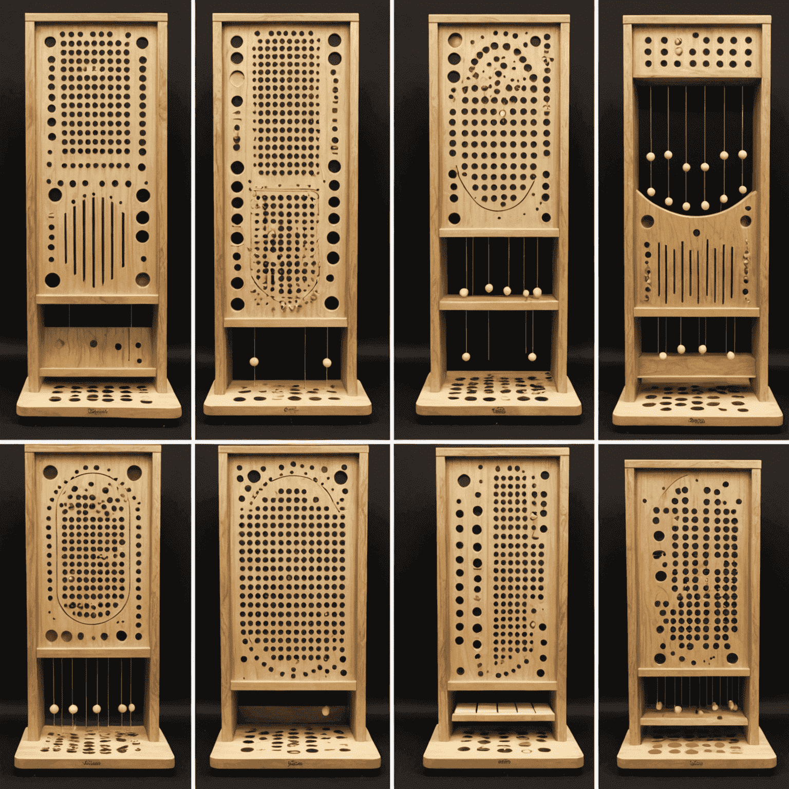 A collage of different Plinko board variations, each with unique features like multiple drop zones, obstacles, or bonus areas