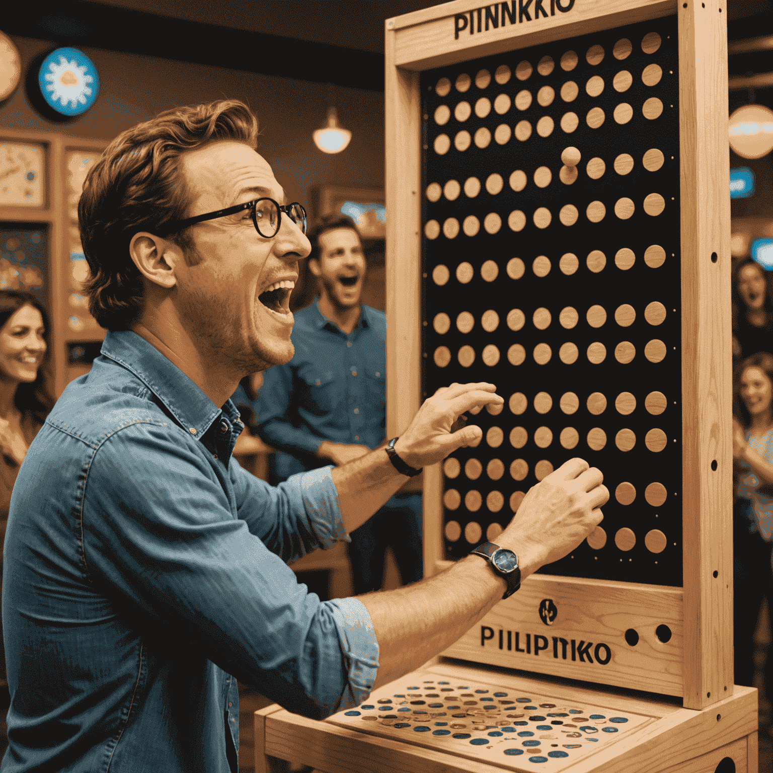 A person's excited expression while playing Plinko, with brain activity illustration overlay